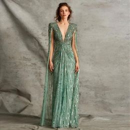 Party Dresses Dubai Luxury Crystal Green Evening With Cape Elegant Women Wedding Dress Gowns