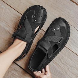 Sandals Men Baotou PU Spliced Mesh Flat Bottom Hollow Breathable Handsewn Soft Sole Comfortable Beach