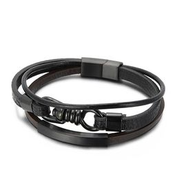 European Punk Jewellery 5 pieceslot Stainless Steel Charm Metal Accessories 3 Layer Men Leather Bracelet Black6142869