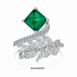 Cluster Rings XUYUANFEN European And American S925 Sterling Silver Ring Female Emerald Main Stone Surrounding Leaves Full Of Zircon