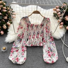 Pink Floral Printing Chiffon Square Collar Lantern Sleeve Womens Blouse Shirt Korean Fashion Female Clothing Tops Summer 240412