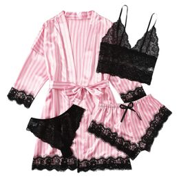 Women Pyjamas Sets Satin Sleepwear Silk 4 Pieces Nightwear Pyjama Strap Lace Sleep Lounge Pyjama with Chest Pads Gifts 240408