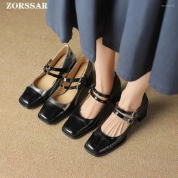 Dress Shoes 5.5cm Heels Black Silver Buckle Women Square Toe Pumps Genuine Leather Mary Jane Chunky Office Big Size 33-40