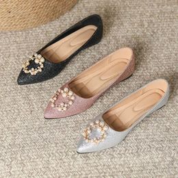 Casual Shoes 2024 Elegant Spring Woman Pointed Toe Pink Sweet Loafers Pearl Lady Flats Work Kawaii Mary Jane Wedding Barefoot Party