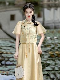 Work Dresses Chinese Style Girl Improved Cheongsam 2-Piece Set Chiffon Patchwork Ink Printed Short Sleeve High Waist Skirt Fashion Suit