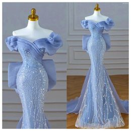 Party Dresses Off Shoulder Sequins Beaded Mermaid Formal Evening Dress Bowtie Blue Ball Customise Banquet Wedding Large Size