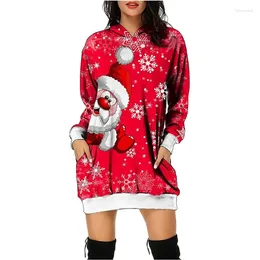 Casual Dresses Loose Fitting Long Sleeved Sweater 2024 Autumn And Winter Women's Christmas Fashion Print Hooded Short Pocket