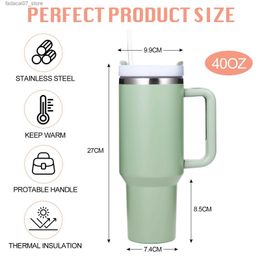 Mugs 40 oz Tumbler With Handle and Straw Lid Insulated Reusable Stainless Steel Water Bottle Travel Mug Iced Coffee Cup for Car and Home and Cold BeveragesQ240419