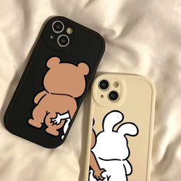 Cell Phone Cases Funny Cartoon pink button bear rabbit double phone case suitable for iPhone 14 13 12 15 11 Pro Max Mini 7 8 Plus SE X XR XS Max soft cover J240418