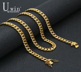 UWIN 8mm Miami Cuban Curb Link Chain Stainless steel Gold Silver Men039s Hip hop Link Necklace 10mm 12mm 14mm2374827