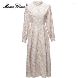 Casual Dresses MoaaYina Autumn Fashion Designer Vintage Party Dress Women's Lantern Sleeve Embroidery Ruffles Button High Waist Slim Long