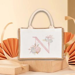 Bags Pink Letter Pattern Burlap Bag Ecofriendly Canvas Bag High Capacity Shopping Bags Foldable Tote Bag Portable Travel Storage Bag