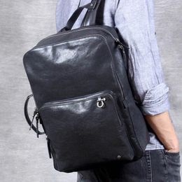 Backpack Men's Genuine Leather Soft Black Fashion Style Unisex Bagpack Fit 14" PC Handbag Travel Daypack For Man