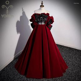 Party Dresses YOSIMI-Women's Red Wine Velvet Full Dress Elegant Black Bow Short Sleeve Slash Neck Evening Autumn Winter 2024