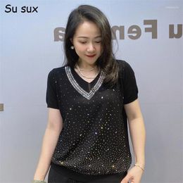 Women's T Shirts Sequins Knitted Solid V Neck Short Sleeve T-shirt Top Summer Women Y2k Clothes Casual Glitter Tees Vestidos Streetwear