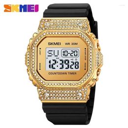 Wristwatches SKMEI Luxury Men's Sports Waterproof Stainless Steel Square Diamond Digital Watch For Men Colck Montre Homme 2000