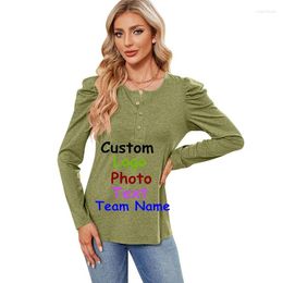 Women's T Shirts 2024 Europe The United States Autumn Winter Solid Colour Button-Round Neck Bubble Sleeve T-Shirt Tops Female Custom LGOO