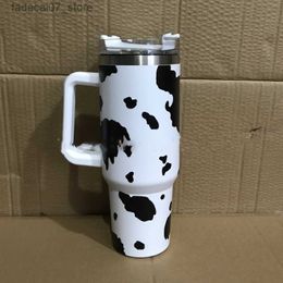 Mugs 40OZ Designer Cups With Adventure Leopard Cow Old Flower Design Tumblers Handle Lids And Straws Car Mugs vacuum Insulated Drinking Water BottlesQ240419