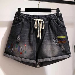 Plus Size 6XL 150KG Black Summer Embroidery Jeans Shorts Casual Large Denim hole Women short pants 240415
