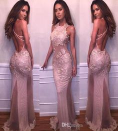 2018 New Dusty Rose Mermaid Prom Dresses Halter Neck Lace Appliques Sexy Backless Evening Dresses Vintage Formal Party Pageant Gow5992223
