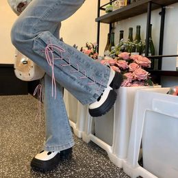 Women's Jeans High Waist Wide Leg Women Denim Flare Pants Zipper Ankle Length Y2k Pantalones Vintage Korean Lace-up Fashion Street