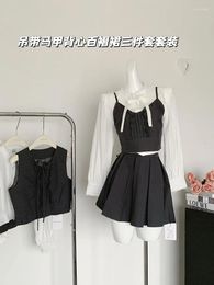 Work Dresses Women Korean Preppy Vintage Mori Girl Outfits 3 Piece Set Long Sleeve Blouses Cute Camisole Vest A-line Mini Pleated Skirts