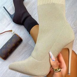 Women Socks Shoes Stretch Fabric Women Ankle Boots Pointed Toe High Heels Slip-On Sexy Sock Heeled Chelsea Boots Size 240418