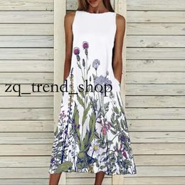 Casual Dresses Floral Midi Dress Summer Flower Print Sleeveless Chic and Elegant Woman Frock Vintage Clothing Women's Gown Beach 4 71