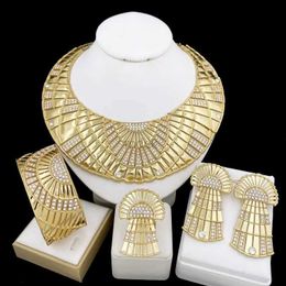 Pendant Necklaces New Jewellery Set For women Wide Bangle Big Drop Earrings 18K Gold Plated Necklace And Ring Luxury Design For Wedding Party 240419