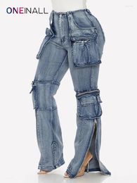 Women's Jeans ONEINALL Patchwork Pockets Denim Pants For Women High Waist Spliced Zipper Streetwear Hit Colour Cargo Female Spring