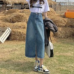 Skirts Fashion Women Denim Summer High Waist Side Slit Jean Mid-Calf Skirt Female Solid Color Casual A Line Bottoms