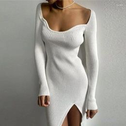 Casual Dresses Autumn Winter Sexy Solid Color Midi Long Elegant Fashion V-neck Knitted Skinny Dress For Women Clothes Vestidos 30170