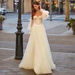 Elegant Long Tulle Sweetheart Wedding Dresses With Sleeves A-Line Ivory Sweep Train Covered Back Simple Bridal Gowns for Women
