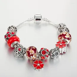 Charm Bracelets ANNAPAER Red Enamel Flower Pendant & Bangles Antique Silver Color Heart Bracelet For Women DIY Jewelry B16208