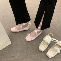 Casual Shoes Women Bow Tie Cross Ballet Flats Shallow Female Sweet Dancing Mary Jane Square Toe Ladies Single Shoe Party Outside