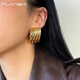 Other HUANZHI Metal Square Striped Wave Large Stud Earrings for Women Girls Fashion Retro Exaggerated Classic Party Jewellery Gifts New 240419