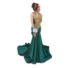 Vintage Golden Crystal Prom Dresses Dark Green Mermaid Black Girls Evening Dress Elegant Beaded Formal Dress Satin Special Occasion Party Dress Vestiso De Fiesta