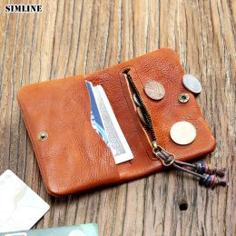 Wallets SIMLINE Genuine Leather Wallet Men Women Vintage Handmade Short Bifold Small Slim Wallets Purse Female With Zipper Coin Pocket