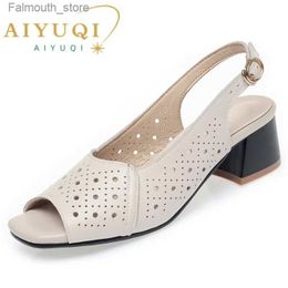 Sandals AIYUQI Womens Sandals Summer 2024 New Fish Mouth Genuine Leather Womens Sandals Block Heel Large Size Middle and Elderly Mom Sandals Q240419