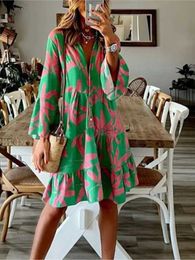 Basic Casual Dresses 2023 Autumn Boho Vacation Shirt Dresses For Women Sexy V-neck Flare Sleeve Elegant Ruffles Print Dress Spring Casual Loose Dress 240419