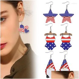 Dangle Chandelier Earrings Usa Independence Day For Women Heart Shape Star Stripes Flag Printing Wooden Pendant Drop Party Jewellery Dhctj