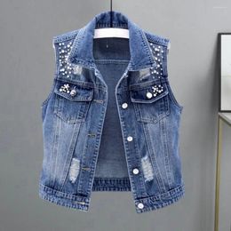 Women's Vests Women Lapel Jacket Vintage Beaded Denim Vest For Hop Streetwear Waistcoat With Solid Color Firm Stitching Fall