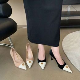 Super Popular Trendy Brand Small Fragrant Style High Heels for Women in 2023, New Gold Button Flower Pointed Single Shoes, All-season Versatile Leather Shoes