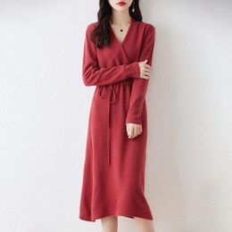 Casual Dresses Womens Autumn Pure Wool V-neck Elegant Long Sweater Draw String Cashmere Knitted Winter Woman Clothing