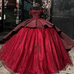 Burgundy princess quinceanera dresses sparkly glitter sequins ruffle prom ball gown quinceanera appliqued Sweet 15 Masquerade Dress