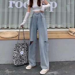 Women's Jeans Retro Ripped Blue Women Fashion Casual High Waist Straight Denim Trousers Large Size Y2k Baggy Wide-leg Cargo Pants
