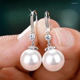 Dangle Earrings Elegant Round Imitation Pearl Shiny Metal Inlaid With White Zircon Wedding 2024 Trendy Jewelry