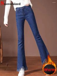 Women's Jeans Thick Slim Velvet Lined Flare Pants Winter Tassel Design Warm Vaqueros Trouseers Mid Waist Plush Big Size Denim Broek