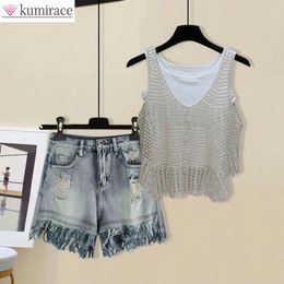 Women's Tracksuits Spring/Summer Set Korean Edition Hollow Vest Top Cover Up Age Reducing Denim Shorts Three Piece