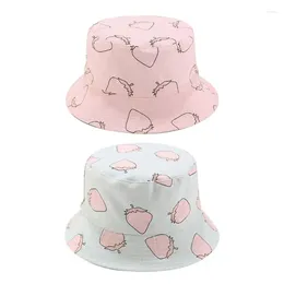 Berets Women Summer Strawberry Fruit Print Bucket Hat Reversible Double Sided Outdoor Sunscreen Beach Vacation Packable Fisherman